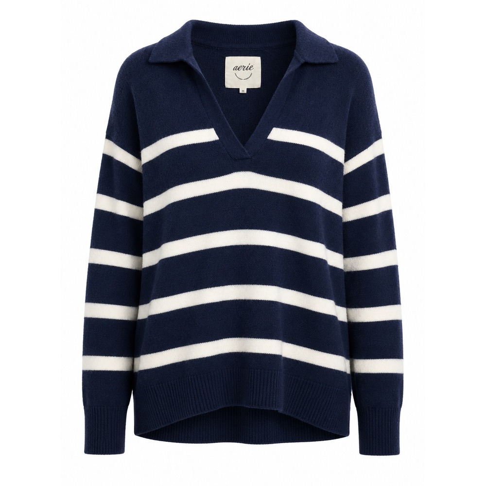 Aerie Women's Navy Blue White Striped Polo Sweater V-Neck Knit Size Small